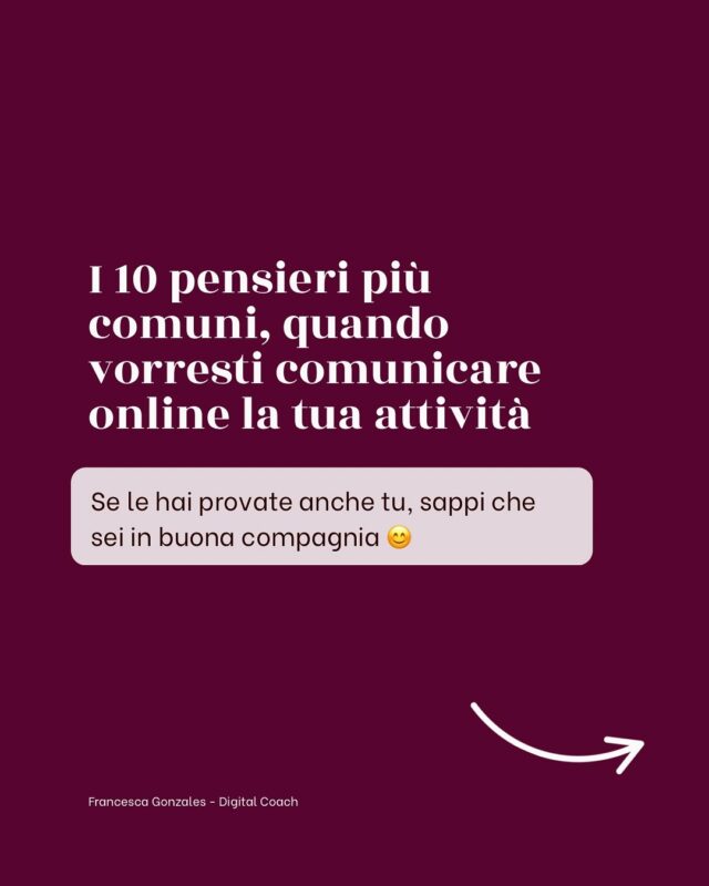 Iniziare a comunicare online per alcune persone può essere visto come uno scoglio insormontabile.

Lo so che che hai provato, e tante volte ti sei fermata davanti al computer con mille pensieri in testa e tante cose da dire ma poi la sensazione era quella di non essere “abbastanza interessante”.
Lo so com’è perché l’ho provata diverse volte.  
Un conto era quando raccontavo quanto erano buoni i supplì a Roma o raccontavo com’era vivere a Parigi da locals con tante di cane al seguito, era più facile. Invece un altro è stato iniziare a raccontarmi come libera professionista, parlando del mio lavoro da digital coach, promuovere la mia attività. 

Per il mini corso gratuito sui contenuti ho realizzato un sondaggio: più di 50 donne mi hanno confidato le loro paure legate alla creazione di contenuti per i social. 
La cosa sorprendente? Molte si somigliavano… ed erano state anche le mie.

Ho raccolto 10 frasi per me più significative, in un carosello, perché credo che leggerle ti farà capire una cosa: non sei sbagliata o non sei tu che “non sei capace”, ma stai solo affrontando gli stessi blocchi che accomunano tantissime professioniste, freelance e imprenditrici.

Io non cancello le paure, ma offro un punto di vista diverso per iniziare a guardarle da un’altra prospettiva.

In quale frase ti sei ritrovata di più?
 Se ti va scrivimelo così capiamo insieme che in questo viaggio verso la nostra comunicazione… non siamo sole 🌺

#DonneCheLavoranoOnline #ImprenditriciDigitali #ProfessionisteOnline #ProfessionisteOnline #digitalcoach